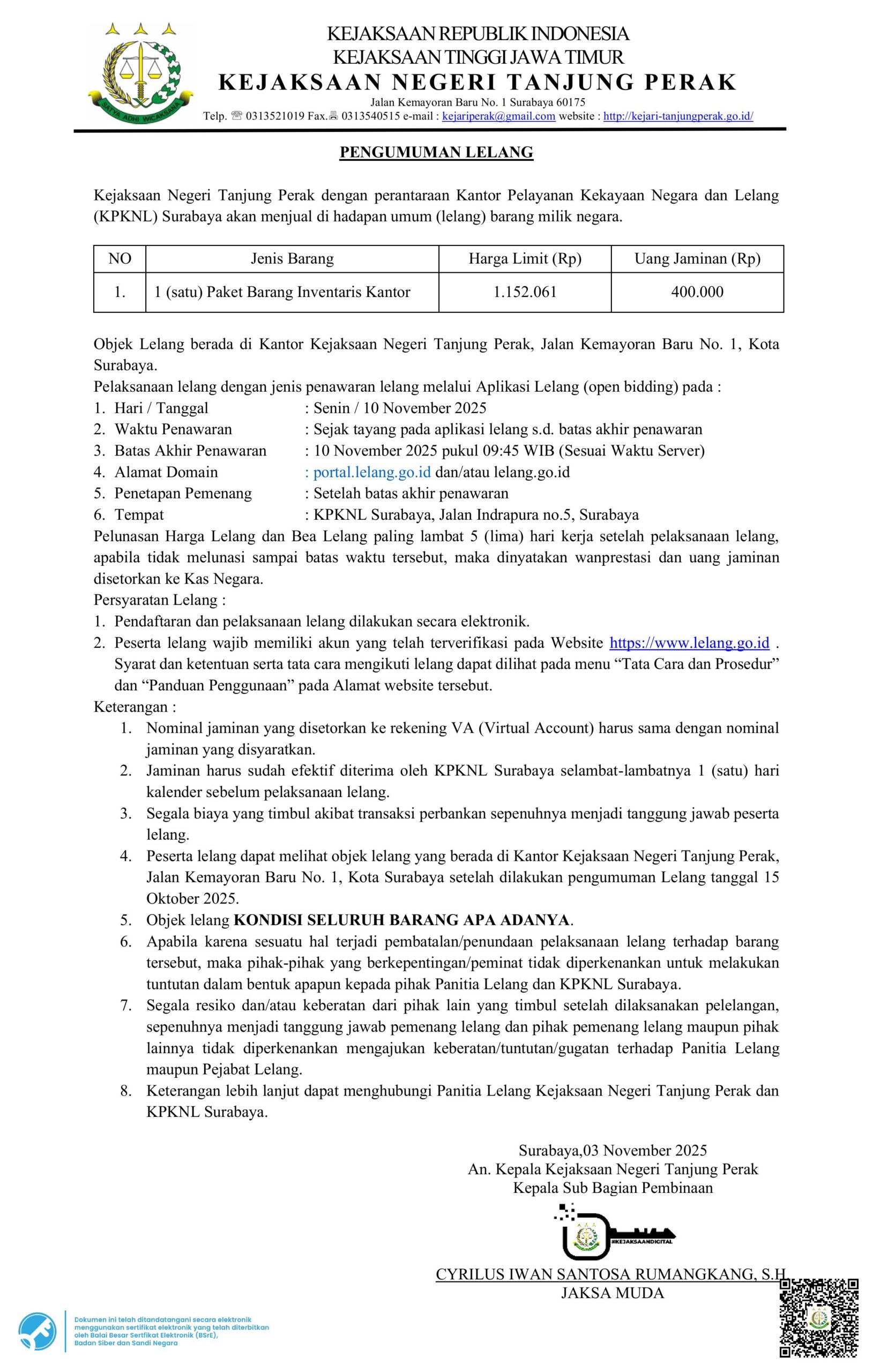 ESIGN PENGUMUMAN LELANG NOVEMBER 2025